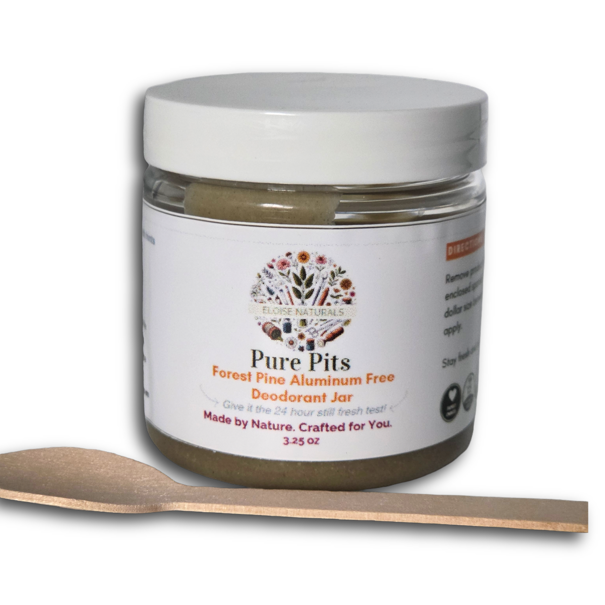 A jar of Eloise Naturals Pure Pits Forest Pine Aluminum Free Deodorant with a white lid and a small wooden spoon in front, on a white background.